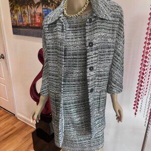 St John metallic tweed dress suit set  12 L silver embellished sparkle
